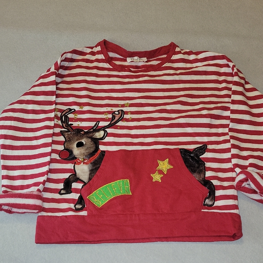 Jessica Simpson Red and White Striped Reindeer Cozy Sweatshirt